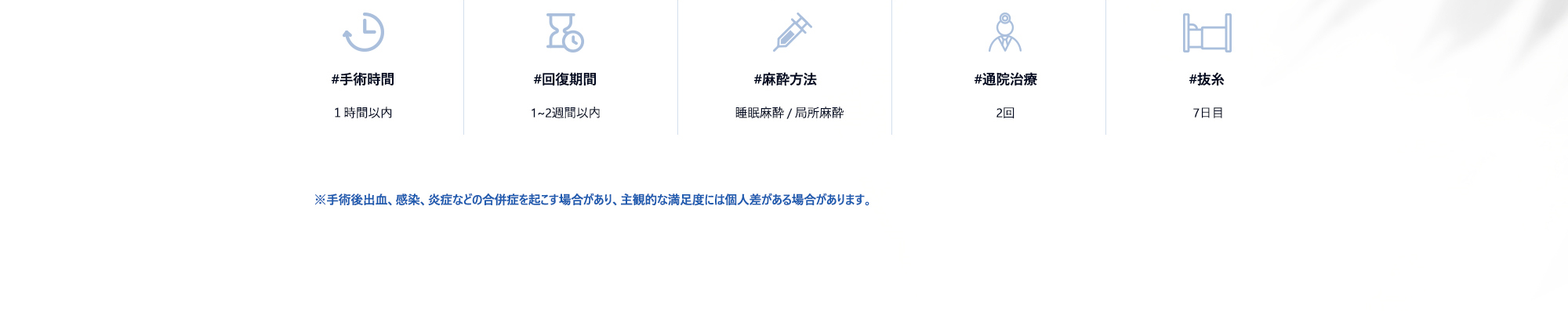 [眉下リフトの手術情報] #手術時間 : １時間以内 / #回復期間 : 1~2週間以内 / #麻酔方法 : 睡眠麻酔 & 局所麻酔 / #通院治療 : 2回 / #抜糸 : 7日目 