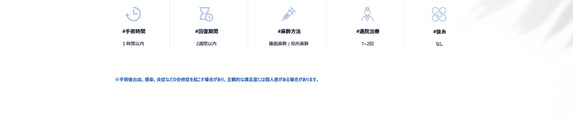 #手術時間 : １時間以内 / #回復期間 : 2週間以内 / #麻酔方法 : 睡眠麻酔 & 局所麻酔 / #通院治療 : 1~2回 / #抜糸 : なし