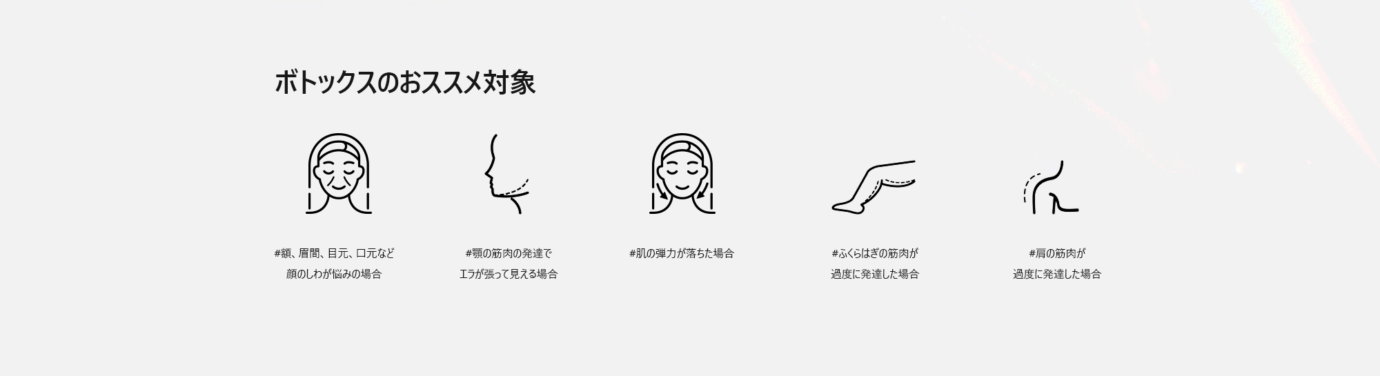 [ボトックスのおススメ対象] #額、眉間、目元、口元など顔のしわが悩みの場合  #額、眉間、目元、口元など顔のしわが悩みの場合#顎の筋肉の発達でエラが張って見える場合  #肌の弾力が落ちた場合  #ふくらはぎの筋肉が過度に発達した場合  #肩の筋肉が過度に発達した場合