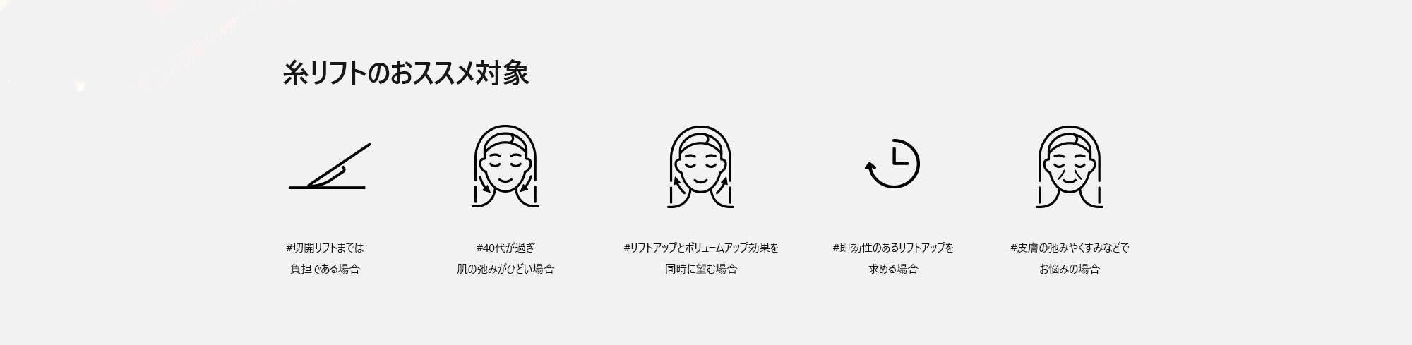 [糸リフトのおススメ対象] #切開リフトまでは負担である場合  #40代が過ぎ肌の弛みがひどい場合  #リフトアップとボリュームアップ効果を同時に望む場合  #即効性のあるリフトアップを求める場合  #皮膚の弛みやくすみなどでお悩みの場合