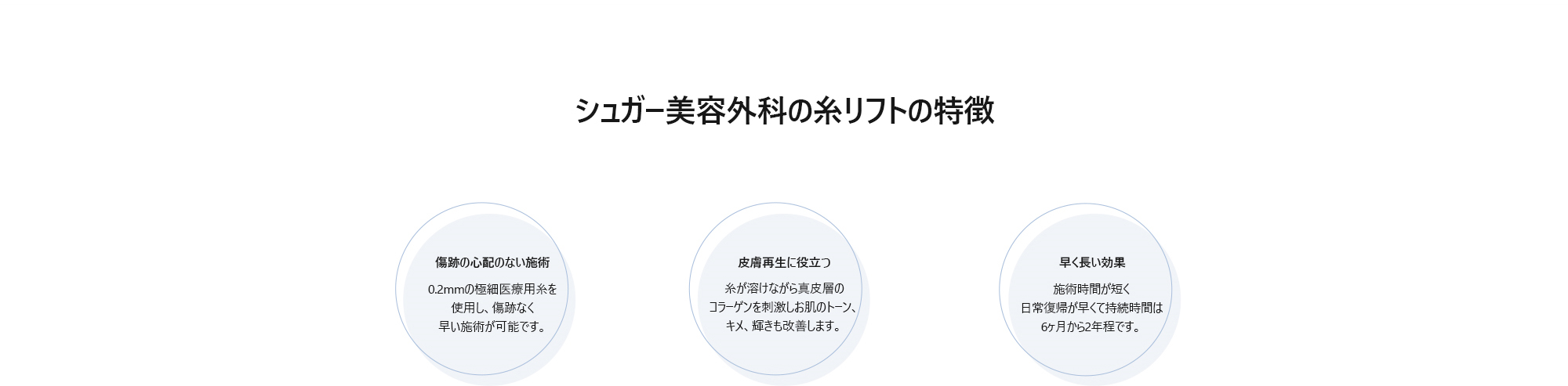 [シュガー美容外科の糸リフトの特徴] 傷跡の心配のない施術 : 0.2mmの極細医療用糸を使用し、傷跡なく早い施術が可能です。/ 皮膚再生に役立つ : 糸が溶けながら真皮層のコラーゲンを刺激しお肌のトーン、キメ、輝きも改善します。/ 早く長い効果 : 施術時間が短く日常復帰が早くて持続時間は6ヶ月から2年程です。