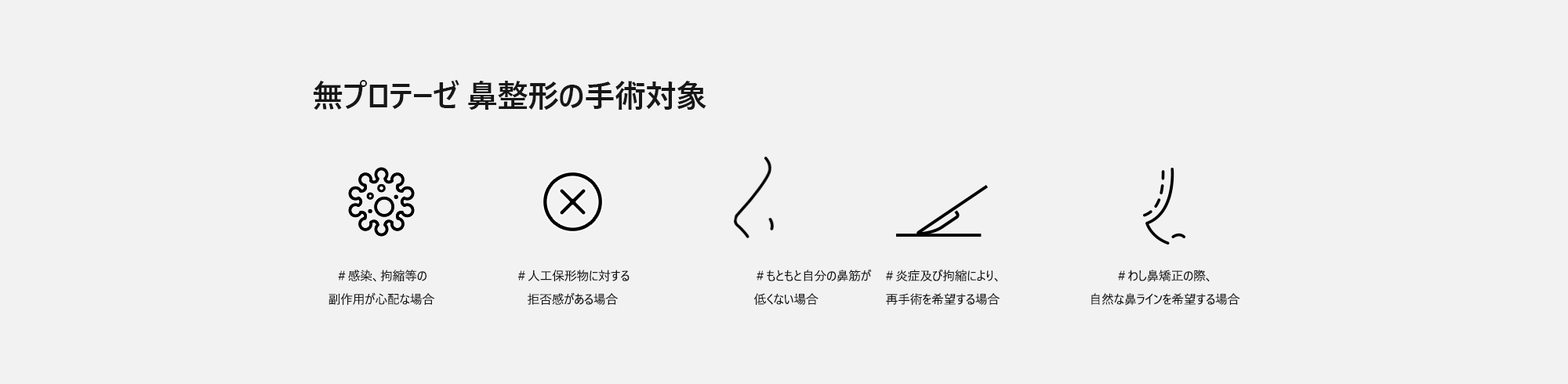 [無プロテーゼ 鼻整形の手術対象] ＃感染、拘縮等の副作用が心配な場合  ＃人工保形物に対する拒否感がある場合  ＃もともと自分の鼻筋が低くない場合  ＃炎症及び拘縮により、再手術を希望する場合  ＃わし鼻矯正の際、自然な鼻ラインを希望する場合