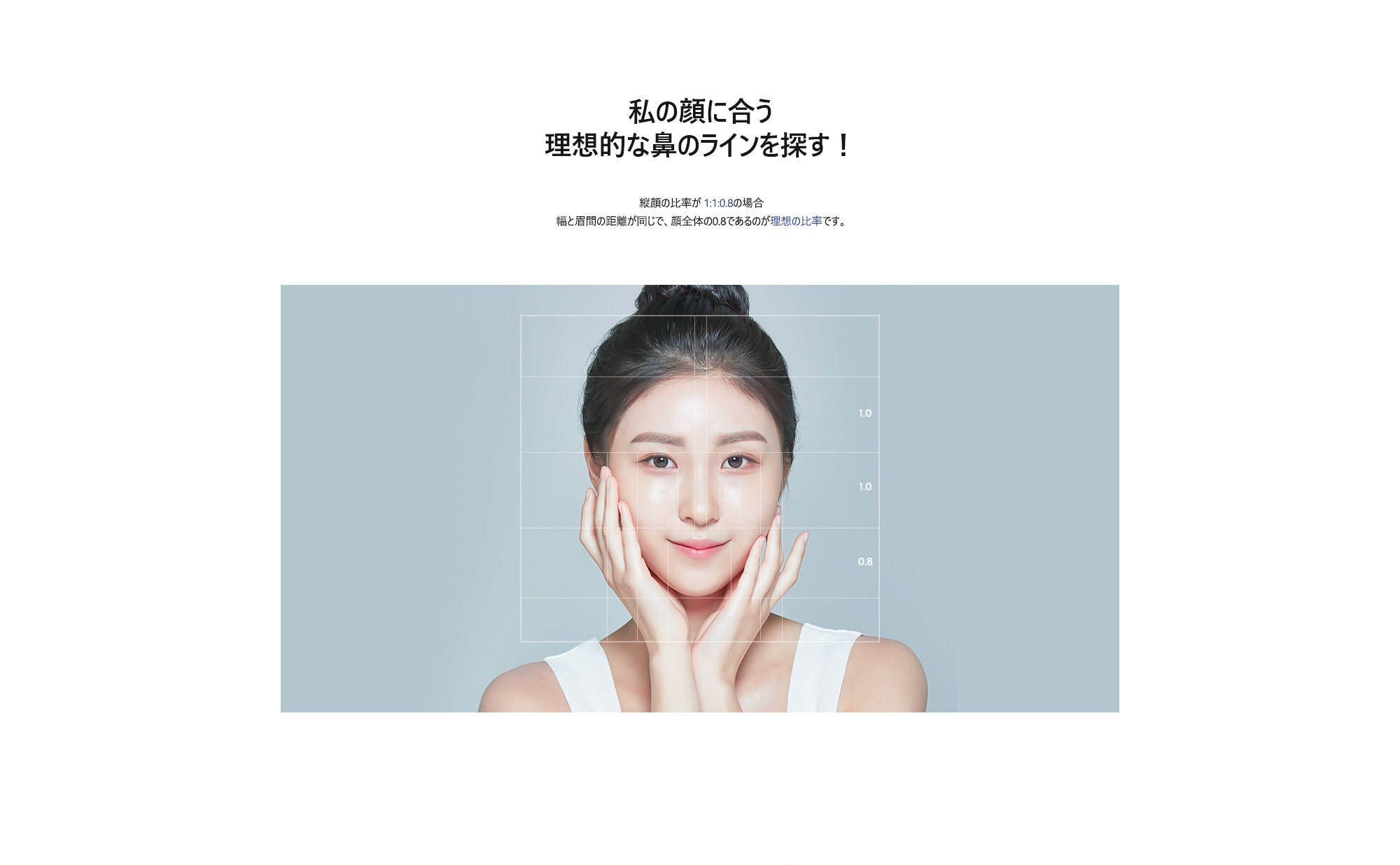 [私の顔に合う理想的な鼻のラインを探す！] 縦顔の比率が 1:1:0.8の場合幅と眉間の距離が同じで、顔全体の0.8であるのが理想の比率です。