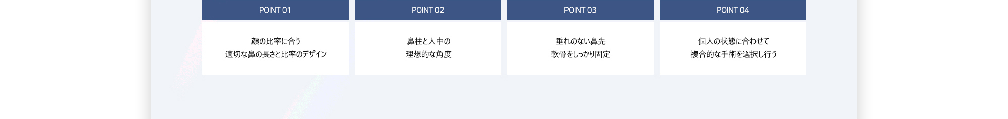 POINT 01 : 顔の比率に合う適切な鼻の長さと比率のデザイン / POINT 02 : 鼻柱と人中の理想的な角度 / POINT 03 : 垂れのない鼻先軟骨をしっかり固定 / POINT 04 : 個人の状態に合わせて複合的な手術を選択し行う
