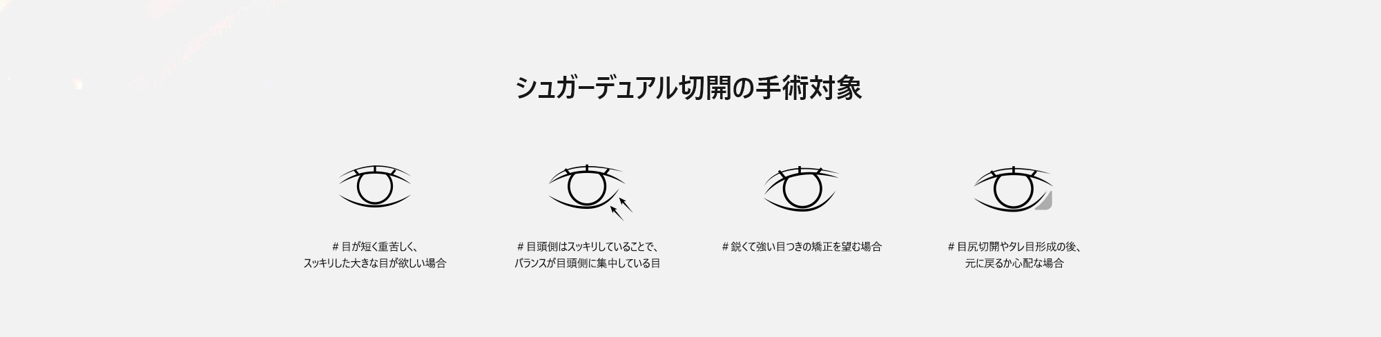 [シュガーデュアル切開の手術対象] ＃目が短く重苦しく、スッキリした大きな目が欲しい場合  ＃目頭側はスッキリしていることで、バランスが目頭側に集中している目  ＃鋭くて強い目つきの矯正を望む場合  ＃目尻切開やタレ目形成の後、元に戻るか心配な場合